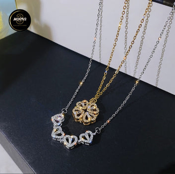 New Fashion Double Wear Magnet Four Heart Flower Pendant Necklace For Women Sweet Female Stainless Steel